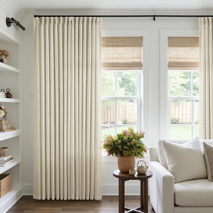 Extra Wide Pinch Pleat 100 x 84 Inch Linen Semi Sheer Curtains 1 Panel | Neutral Beige Tan, for Living Room Patio Glass Sliding Door Dining Bedroom Large Window, Light Filter, Pinch Pleated W100xL84