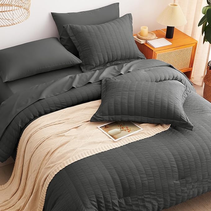 CozyLux Oversized Queen Comforter Set Dark Grey Seersucker 7 Pieces 98x98 Bed in a Bag Comforter Set with Sheets, Luxury Bedding Sets Down Alternative Comforter, Sheets, Pillowcases & Shams, Dark Gray