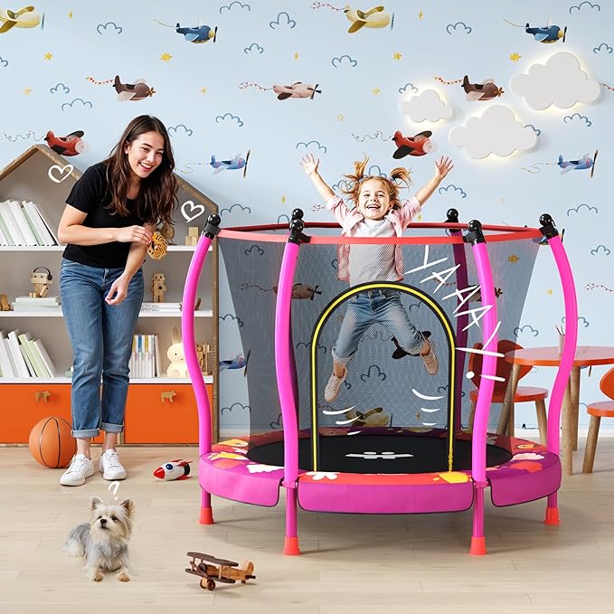 Happin® 55â€ Toddler Trampoline Indoor & Outdoor Playset, 5FT Kids Trampoline, Ultra Safe Mini Trampoline for Kids with Safety Enclosure Net, Gifts for Birthday with Basketball Hoop
