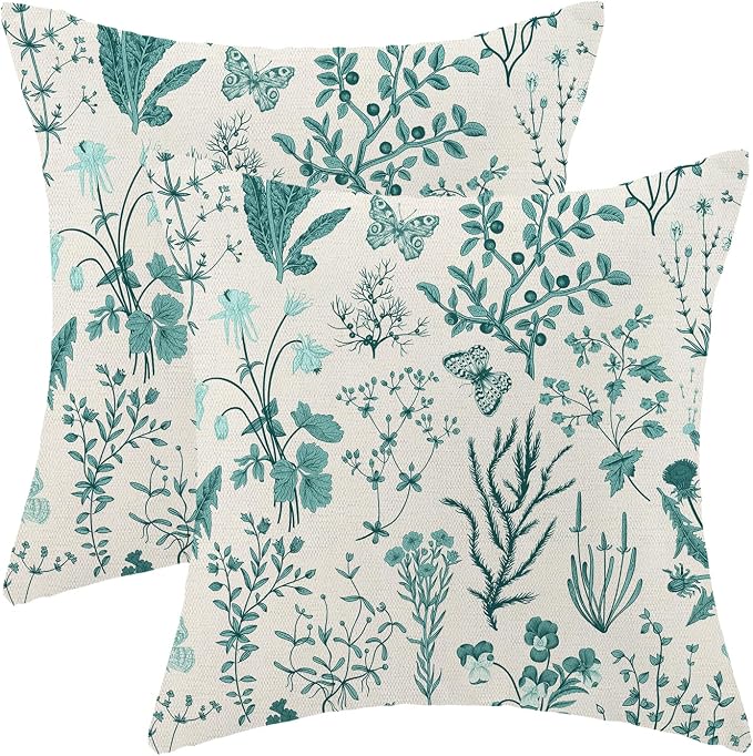 AEIOAE Summer Pillow Covers 22x22 Inch Set of 2,Teal Green Wild Flower Plant Throw Pillows Case,Seasonal Floral Outdoor Decorative Square Linen Farmhouse Decor Cushion Covers for Home Sofa Bed Couch