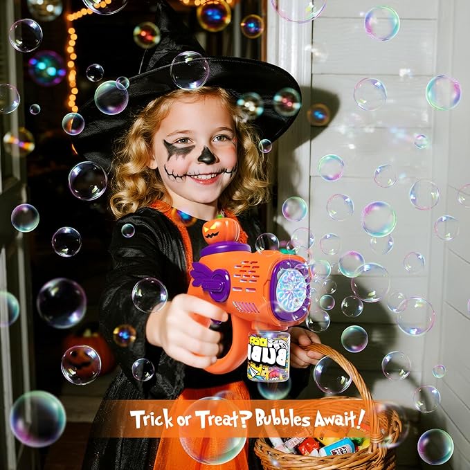2 Halloween Bubble Gun Toys - Light-Up Bubble Machine for Kids Toddlers with 10 Refill Packs Ghost & Pumpkin, Fun Fall Gifts Party Favors Boo Basket Stuffers for Boys Girls 3 4 5 6 7 8 9 + Year Old