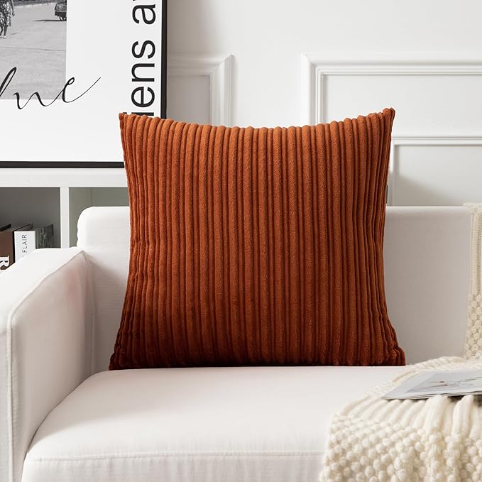 UGASA Fall Velvet 26x26 Inch Soft Throw Pillow Cover Decorative Corduroy Striped Both Sides Solid Square Cushion Case Boho Farmhouse for Couch Bedroom Sofa Home, 1 Piece, Burnt Orange