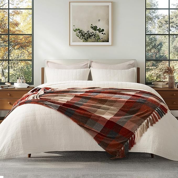 Plaid Chenille Fall Throw Blanket, 50"x60", Harvest Orange Plaid | Super Soft Knit Throw with Tassels, Cozy, Decorative Rustic Farmhouse Decor for Autumn, Ideal for Couch Bed Sofa Gift