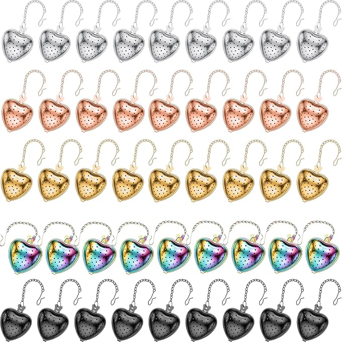 Sumind 50 Pcs Stainless Steel Tea Strainer Ball Infuser Loose Leaf Steeper Interval Diffuser Heart Shape Mesh Filters with Extended Chain Hook for tea party Seasonings Cup Bottle (Multicolor)