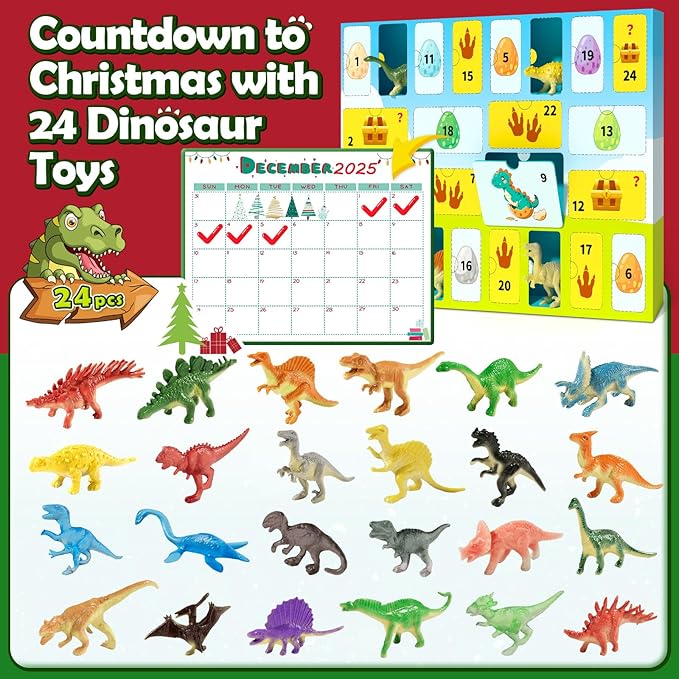 Advent Calendar 2025 Kids Dinosaur Toys for Boys 4-6 6-8 8-12, Kids Toddler Toys for 3+ Year Old Boy, 24 Dinosaur Surprise Christmas Birthday Gifts for Boys Girls, Party Favor for Dinosaur Lovers