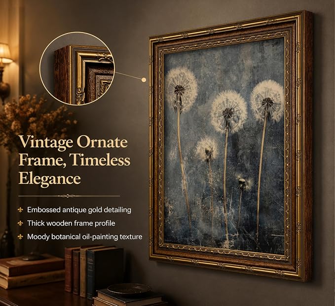 Vintage Gold Framed Dandelion Wall Art Moody Cottagecore Dandelion Painting Canvas Print Gothic Dark Plant Print Poster Wall Decor Retro Moody Plant Floral Poster Artwork for Bedroom Living room