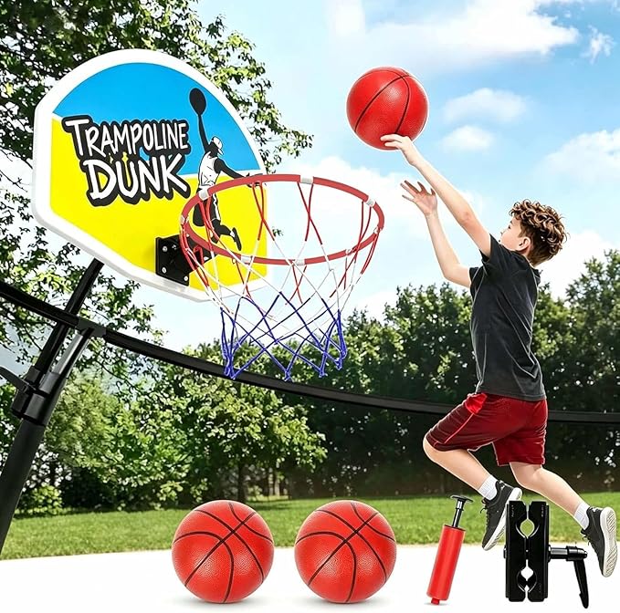 Trampoline Basketball Hoop with 2 Mini Basketball Easy to Install, Upgraded Basketball Hoop for Trampoline Dunk, Fit for Straight and Curved Pole,for Indoor and Outdoor Use