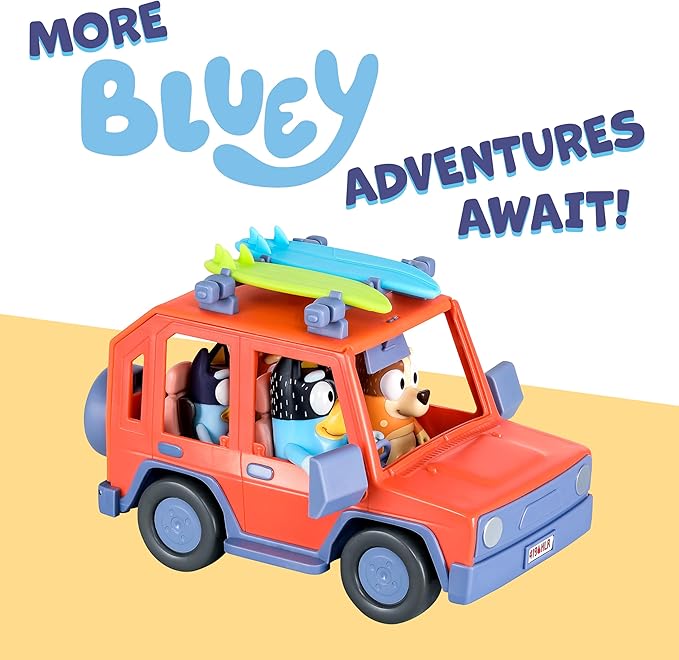 Bluey Heeler 4WD Family Toddler Toy Car with 4 Figures, Surfboards and Sticker Sheet, Pretend Play, Toys for Kids Ages 3+, Amazon Exclusive