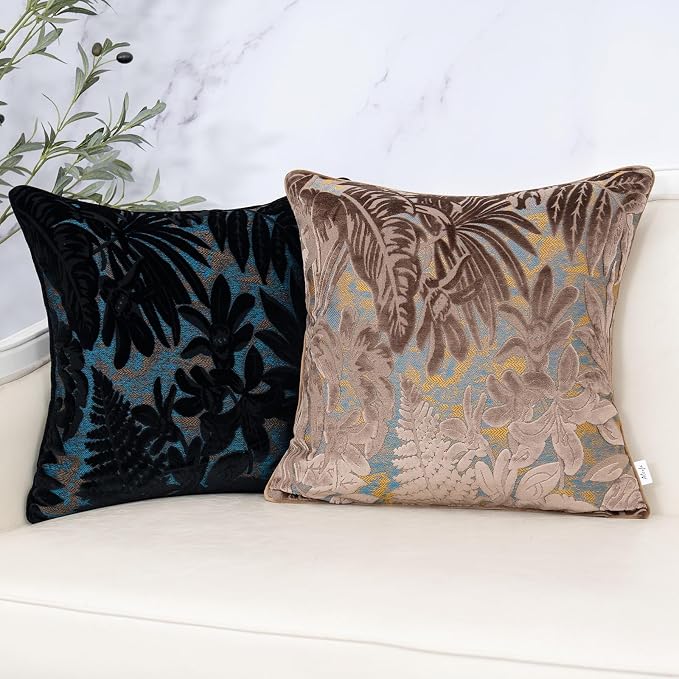 Alerfa Brown Throw Pillow Cover 20x20 Inch, Square Cut Velvet Maple Leaf Embroidery Luxury Farmhosue Accent Decorative Pillow Cover for Couch Living Room Bedroom