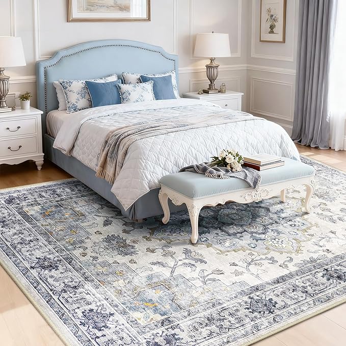 CAPALOCA Machine Washable Rugs Nursery Rug 9x12 Area Rugs Girl Non Slip Low Pile Water Repellent Soft Print Pattern for Bedroom Indoor Decor Kids Playroom Blue White | Non-Slip Soft Rugs for Bedroom Kids Playroom Living Room, Print Pattern Water Repell...