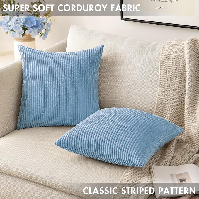 MIULEE Decorative Corduroy Throw Pillow Covers Set of 2 18x18 Light Blue | Soft Striped Textured Cushion Cases, Boho Energetic Vibe Pillowcases for Home Decor, for Couch Chair Sofa Bed Living Room