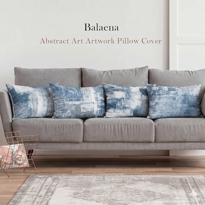 Modern Abstract Throw Pillow Covers 12x20, Blue & Grey Set of 4 | Double-sided vibrant artwork accent cushion covers. Perfect decorative pillows for couch, sofa, bed, and living room.
