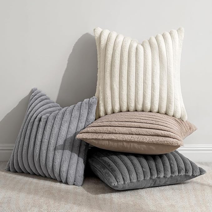 MIULEE Faux Fur Plush Decorative Throw Pillow Covers 18x18, Grey Taupe | Set of 4, Striped, Soft Boho Farmhouse, Rustic Home Decor, Cushion Cases for Sofa Couch Bed Living Room