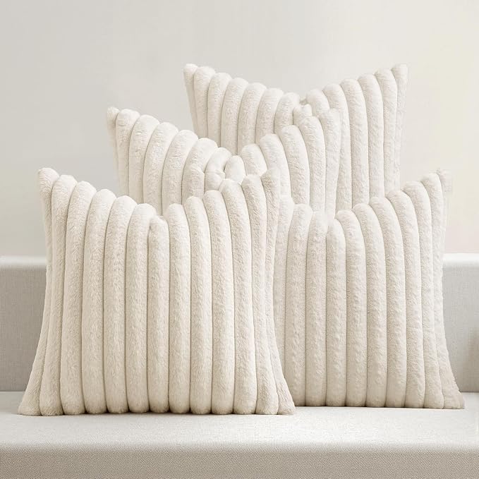MIULEE Faux Fur Plush Decorative Throw Pillow Covers 18x18, Cream White | Set of 4, Striped, Soft Modern Cozy Home Decor, Cushion Cases for Sofa Couch Bed Living Room
