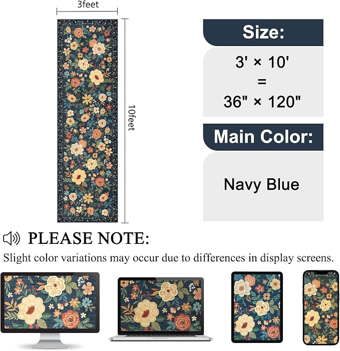 DUKINO 3x10 Runner Rug, Washable Kitchen Runner Rug Non Slip, Navy Blue | Soft, Low Pile, Floral Indoor Rug Runner for Hallway, Entryway, Bedroom, Bathroom, Home Decor, Pet Friendly, Stain Resistant