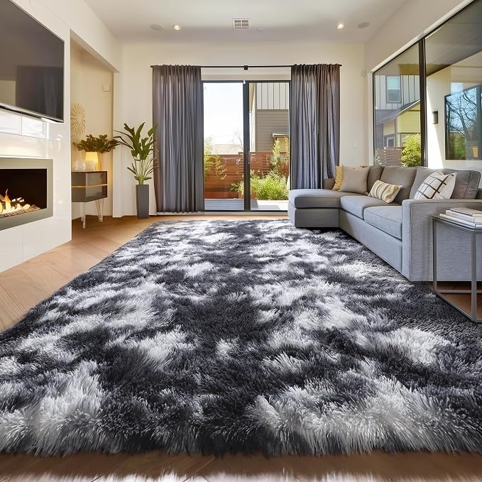 Amdrebio Black White Grey Large Furry Rug 9x12 for Living Room Men Bedroom | Fuzzy Fluffy Shaggy Plush Shag Cool Carpet, Classroom Playroom Apartment Decor, Gothic Aesthetic, Teen Boys Baby Kids Corner