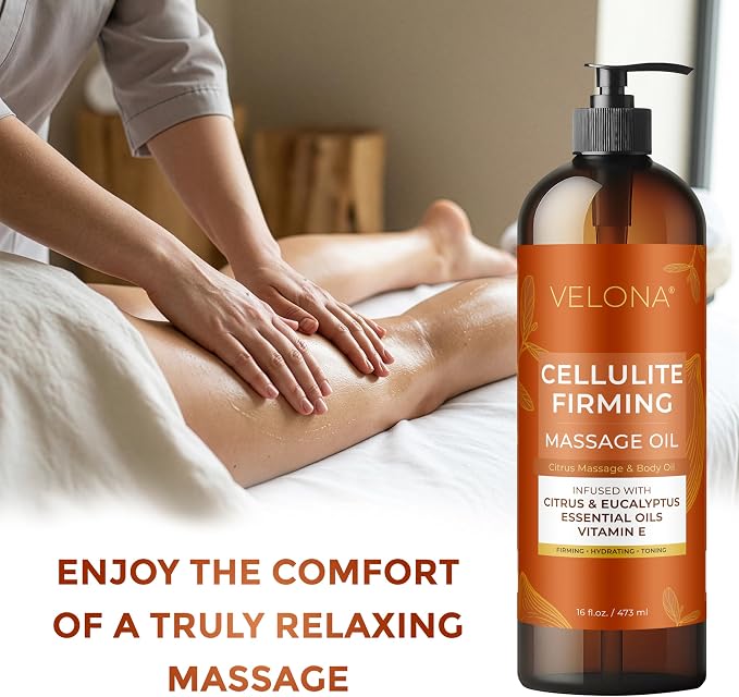 velona Cellulite Massage Oil – 16 Fl Oz | Vitamin E & Citrus Essential Oils | Massage Therapy for Legs & Body Oil | Moisturizing, Firming, Tightening, Smooth Skin | Professional Spa & Home Massage