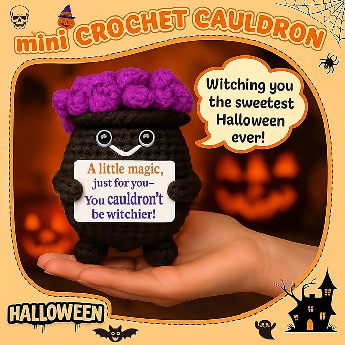 Halloween Witch Cauldron Crochet Mini Plush – Amigurumi Spooky Cute Desk Decor, Tiered Tray Kawaii Witchy Gift, Handmade Halloween Decorations, 3.4 x 2.6 in