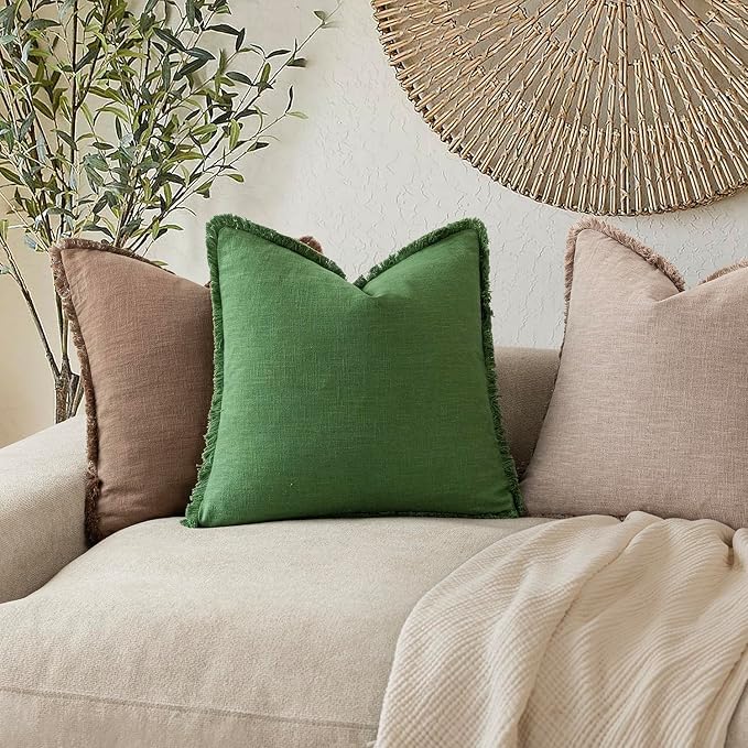 Foindtower Set of 2 Decorative Linen Fringe Lumbar Throw Pillow Covers Boho Farmhouse Cushion Cover with Tassels Soft Accent Pillowcase for Couch Sofa Living Room Home Decor,12×20 Inch,Forest Green