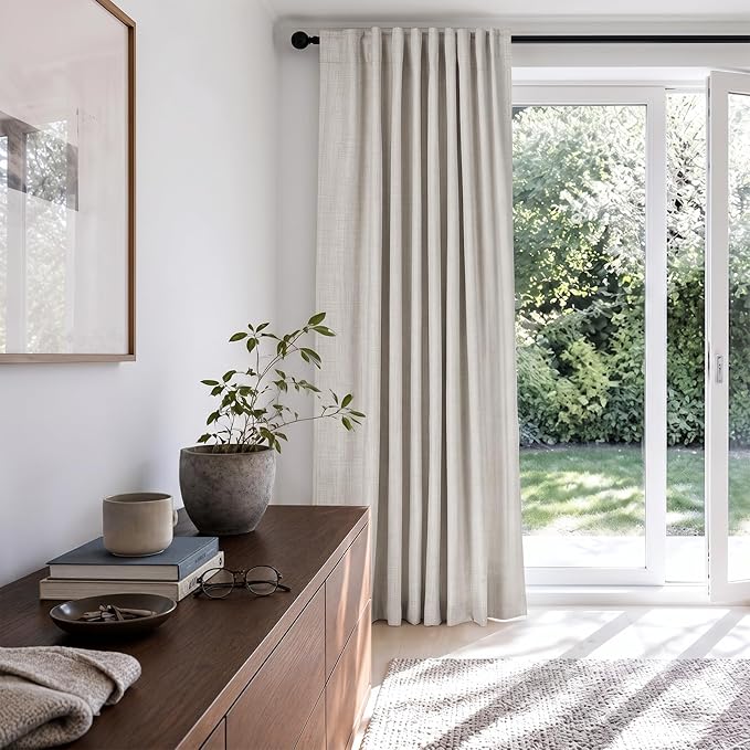 100% Blackout Shield Linen Blackout Sliding Door Curtains for Living Room, Back Tab/Rod Pocket Thermal Insulated Curtains for Sliding Glass Doors, 1 Panel Set, 100" W x 90" L, Beige