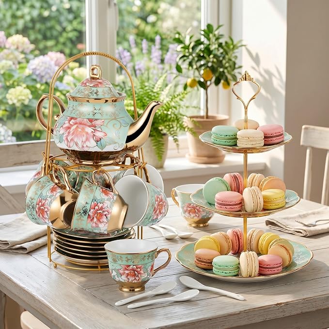 Maxcheck 21 Pcs Porcelain Tea Set for Women Tea Party with Metal Holder and 3 Tier Cake Stand Ceramic European Floral Teapot Set for Adults Mother's Day Christmas Thoughtful Gift(Fresh Style)