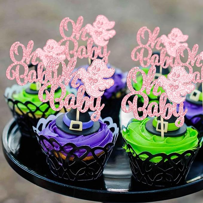 Gyufise 24Pcs Ghost Oh Baby Cupcake Toppers Pink Glitter Bow Spooky Cupcake Picks for Halloween Ghost Theme Baby Shower Kids Birthday Party Cake Decorations Party Supplies