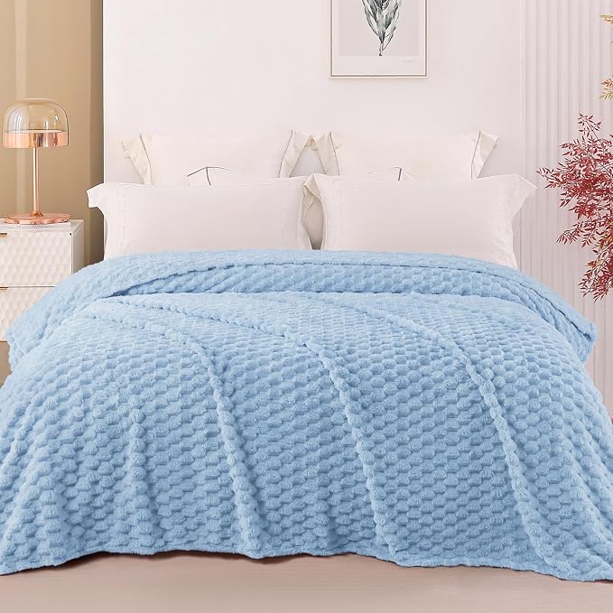 Exclusivo Mezcla 3D Fleece Queen Size Blanket for Bed, Stone Blue | Extra Soft Fuzzy Plush Lightweight Bed Blankets, Cozy Fluffy Decorative Blankets for All Seasons, 90x90 Inches