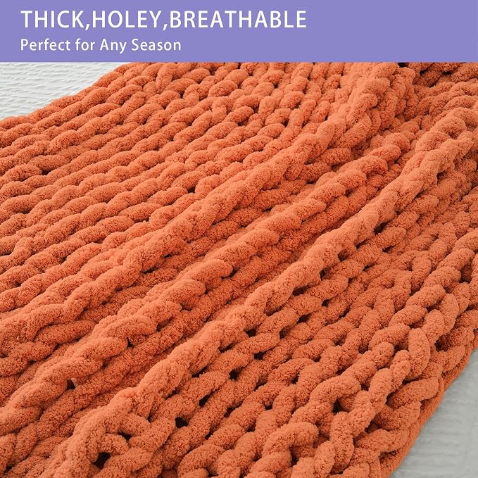 Bigacogo Chunky Knit Throw Blanket for Couch, 40x80 inches, Terracotta | Hand Knit with Jumbo Chenille, Soft Breathable Cable Knit for Sofa Bed Living Room, Machine Washable, Gift for Mom Friend