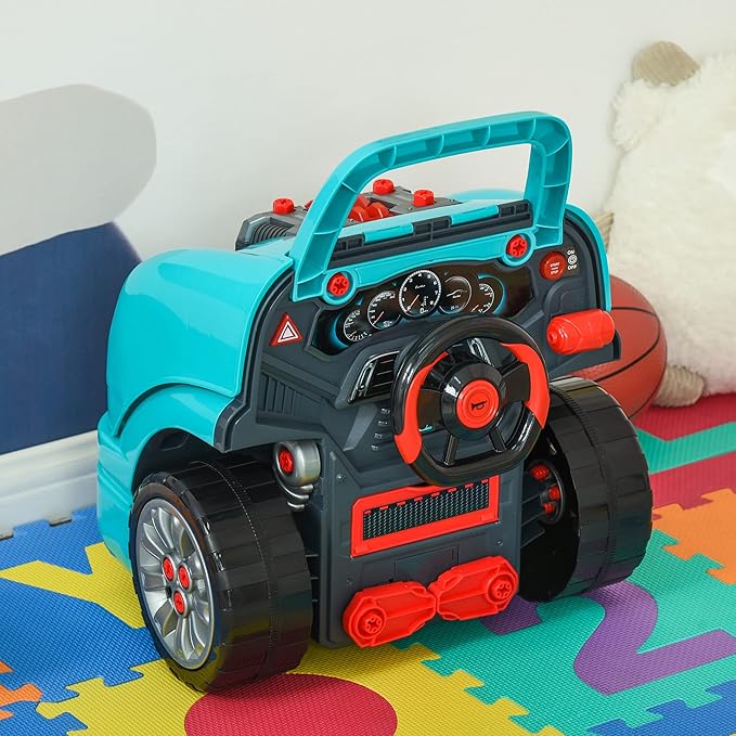 Qaba Truck Engine Toy, Kids Mechanic Set with Lights, Sounds, Steering Wheel and Horn, Pretend Car Service Station Play with 61-Piece Included, Toy Engine Building Kit for Kids Aged 3+, Blue
