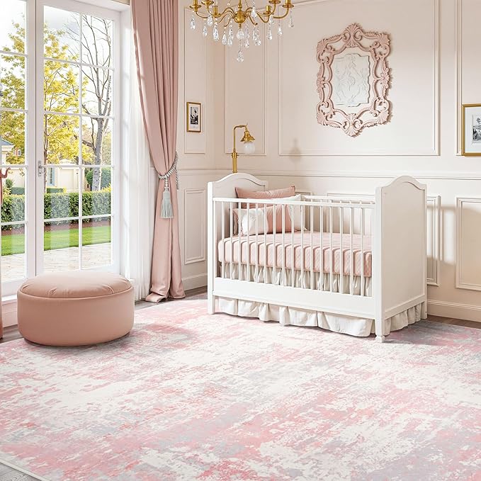 Rugflix 5x7 Area Rugs for Bedroom, Washable Pink Large Rug | Machine Washable; Stain-Resistant; Low Pile; Non-Slip; Modern Abstract; Carpet for Nursery Girls Living Room Office Home