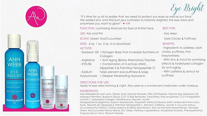 Eye Bright Cream - Anti Aging Eye Cream w/Collagen Peptides & Hyaluronic Acid for Dark Circles, Firms Fine Lines.5oz