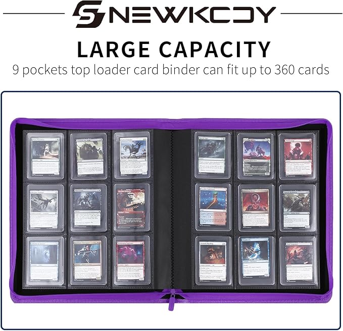 Snekdy Top loader Binder, 9 Pockets Top Loader，Holds 360 Top Loaders cards, Card binder with Sleeves for card in 3 x 4 inches color smooth Zipper PU Leather (Purple)