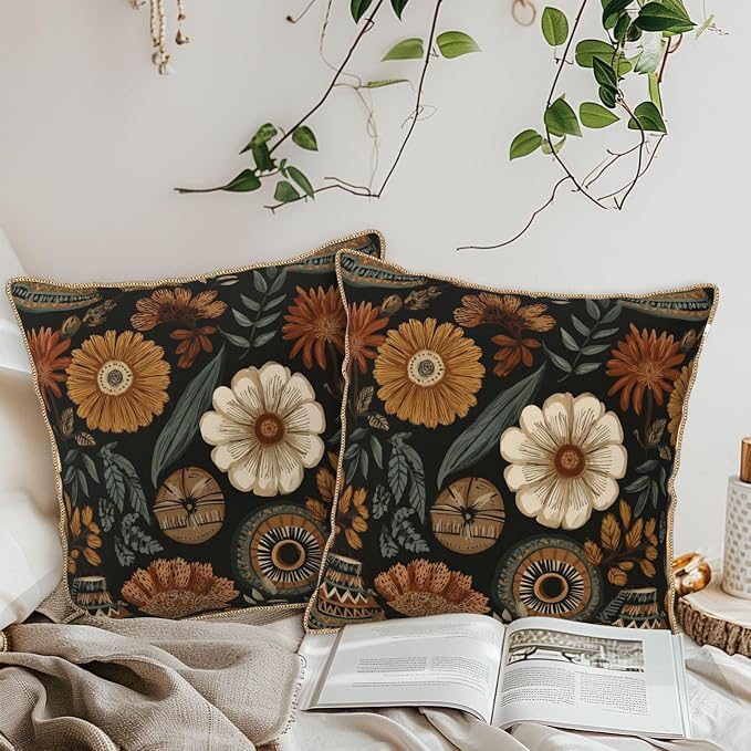 KSLIDS Boho Flower Soft Velvet Throw Pillow Covers Set of 2 Modern Abstract Retro Bohemian Flower Decorative Pillow Covers 18x18 Inch Mid Century Tropical Leaves Pillow Case for Sofa Couch Home Decor