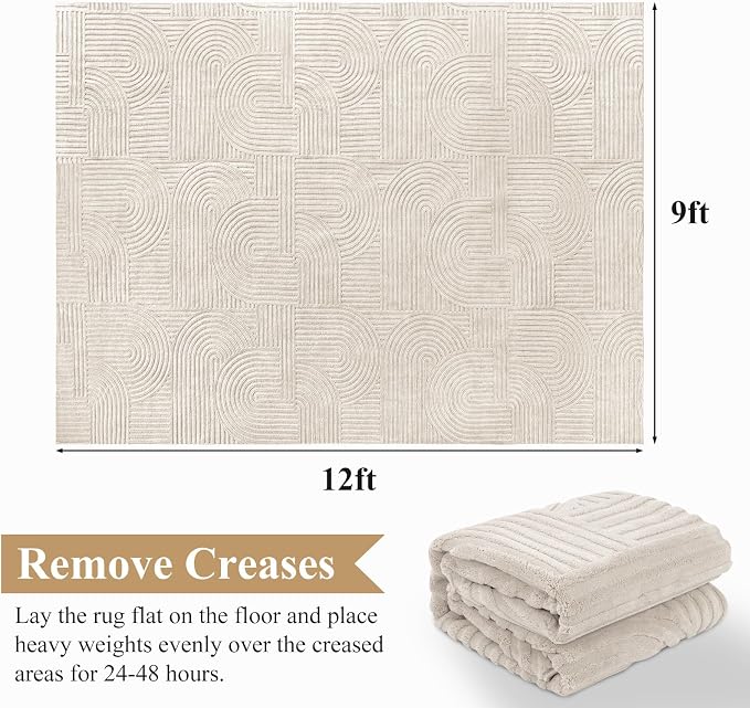 Pauwer 9x12 Area Rugs for Living Room, Modern Non Slip Washable Rug, Beige | Arch Pattern, Soft Fluffy, Neutral, Boho Accent, Solid Color Floor Carpet, For Kids Room Dining Room Nursery Entryway