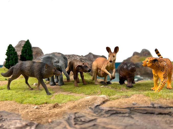 Gemini&Genius Wild Animal Toys for Kids, Wolf, Elephant, Leopard, Hippo, Buffalo, Kangaroo Action Figures, Zoo Playset, Gift for Kids Display or Cake Toppers (6Pcs)