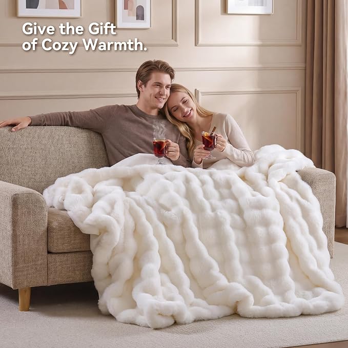 Faux Rabbit Fur Throw for Couch - Cream White Bubble Blanket 60"x80" | Fluffy Plush Fuzzy Throw for Sofa & Bed, Super Soft Cozy Comfrt Blanket, Luxury Aesthetic White Decor Gift for Women