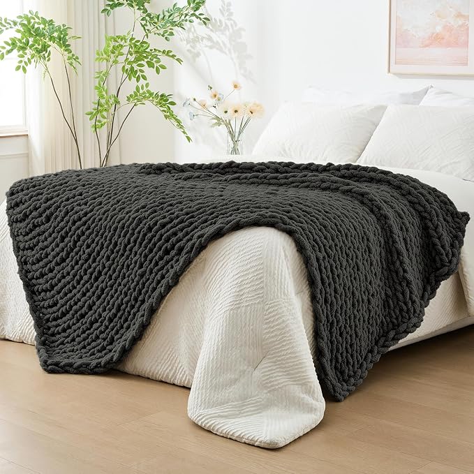 Bigacogo Chunky Knit Throw Blanket for Couch, 80x90 inches, Dark Grey | Hand Knit with Jumbo Chenille, Soft Breathable Cable Knit for Sofa Bed Living Room, Machine Washable, Gift for Mom Friend