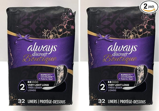 Always Discreet Boutique Incontinence Liners, Size 2, Very Light, Long, 32 Liners (Pack of 2)