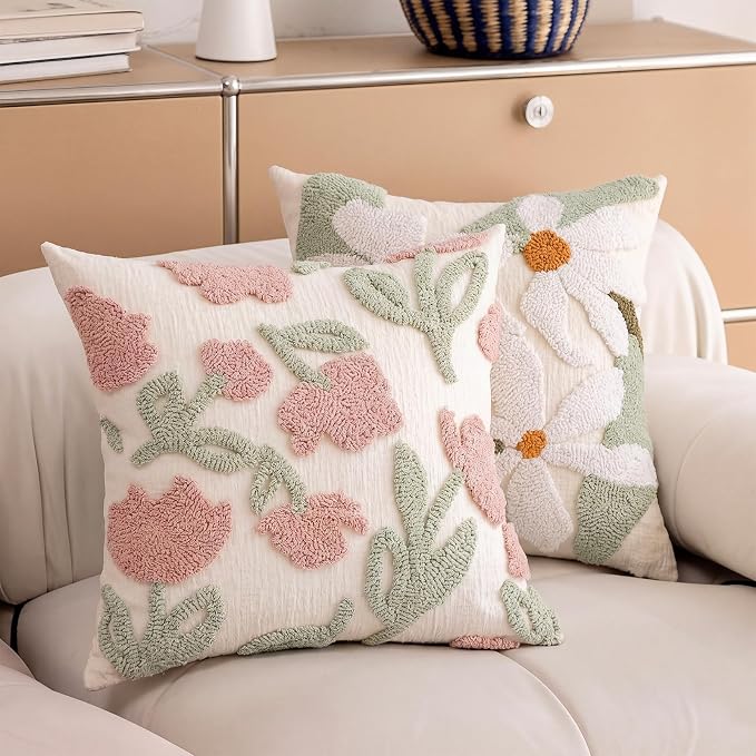 Summer Daisy Throw Pillow Covers 18x18 Inch Set of 2, Chenille Embroidered Pillowcase with 3D Tufted White Flowers Sage Green Leaves, Boho Decorative Cushion Covers for Couch Sofa Bed