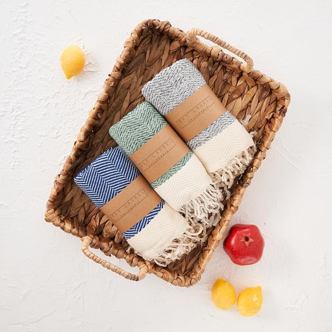 BAY LAUREL Turkish Hand Towel – Pack of 2 | Soft & Absorbent Decorative Towels for Bathroom, Hand, Face, Hair, Gym, Yoga, SPA, Kitchen & Tea | Boho Decor (Azure, Herringbone 15x26 Inches (Set of 2)