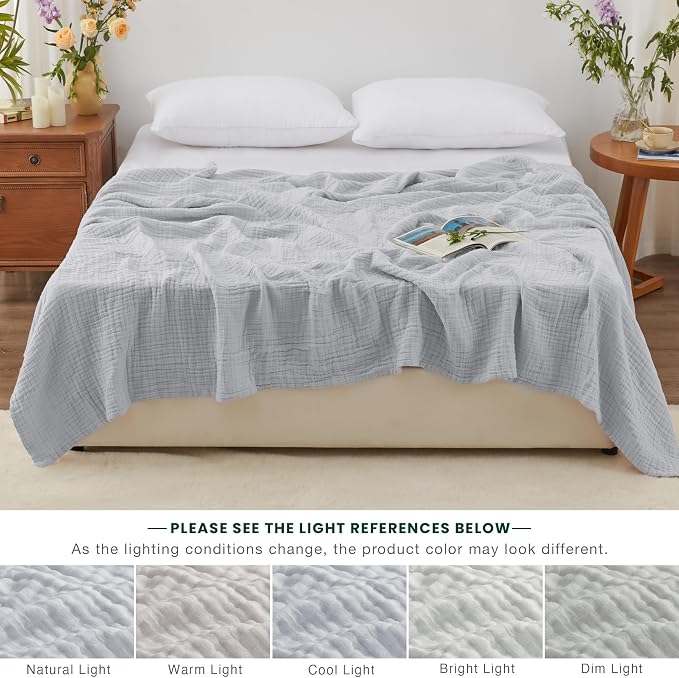 Love's cabin 100% Cotton Muslin Blanket, 6 Layer Lightweight Breathable Gauze Queen Size Blanket 90 x 90 Inches, Soft All Season Blanket for Bed, Light Grey
