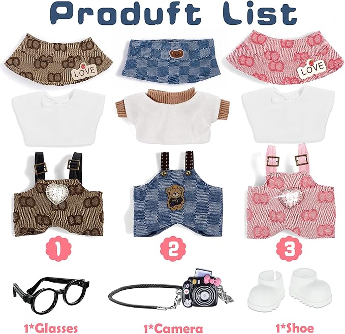 iBayda Total 3 Sets Doll Clothes Accessories for 17cm Dolls Include: 3 Hats, 3 Tops, 3 Rompers, 1 Bag, 1 Glasses and 1 Shoes- Soft & Stylish Costume Accessories (Doll Not Icluded)