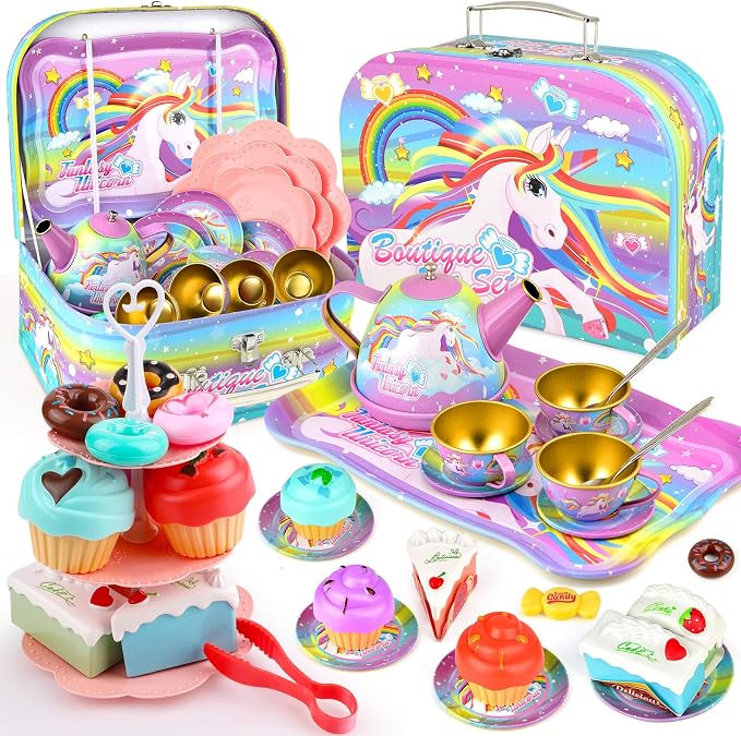 Unicorn Tea Party Set for Little Girls, Age 3 4 5 6 Year Old, Toddler Kids Kitchen Pretend Play Toys with Tin Tea Set, Cake Stand, for Girls Boys