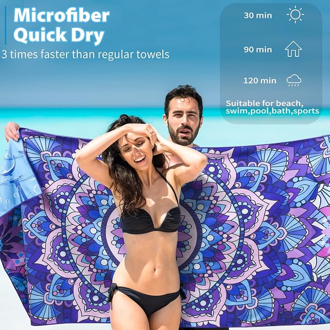 TwoYek Microfiber Sand Free Beach Towel Thin Quick Dry Super Absorbent Oversized Large Lightweight Towels for Travel Sports Pool Swimming Bath Camping Yoga Girls Women Adults