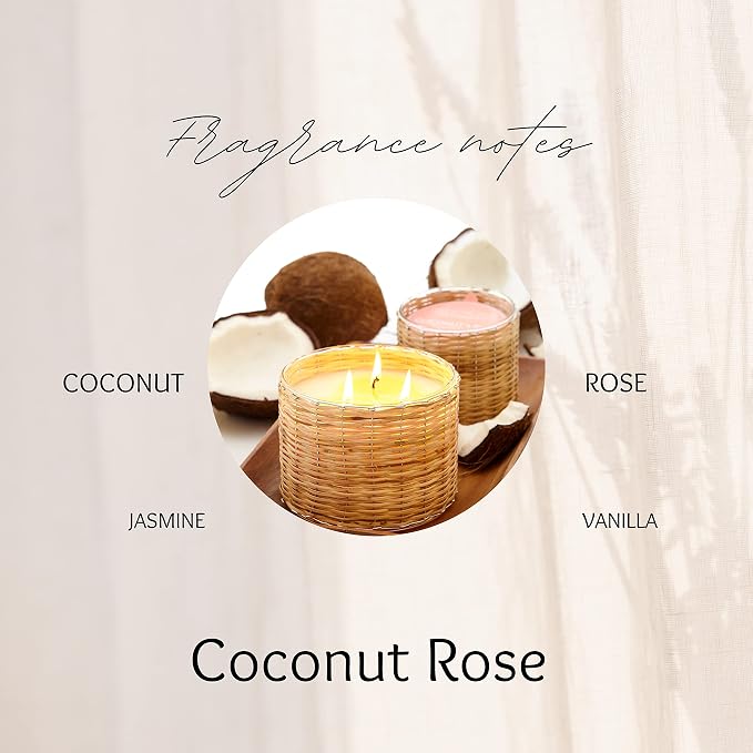 Coconut Rose Scented Candle – 12oz Luxury Soy Wax, 2-Wick in Handwoven Glass Jar, dewy Fruits, Juicy Green Citrus, Jasmine and Lush White Flowers 75+ Hour Clean Burn, Made in USA