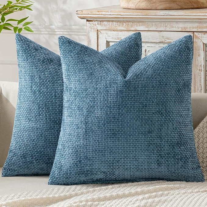 MIULEE Decorative Couch Throw Pillow Covers 18x18 Inch Coastal Blue 2 Pack | Coastal Modern Boho Accent, Soft Chenille Pillow Covers, Farmhouse Cushion Cases for Home Decor Bed Sofa Living Room