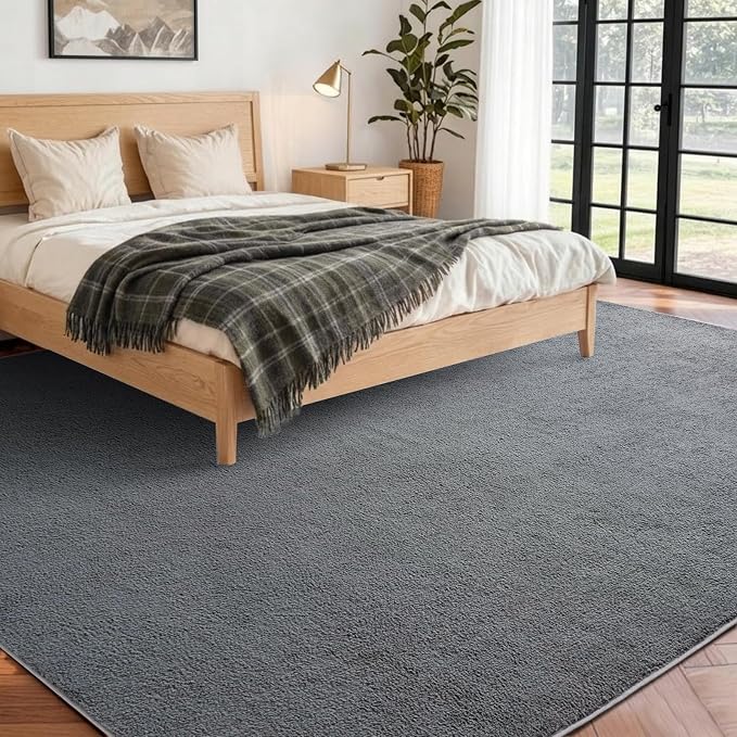 FinRèc 7x10 Washable Area Rugs for Bedroom Living Room, Low Pile Thin Rug Solid Color, Non-Slip Carpet Indoor for Home Decor (Pure Dark Grey)