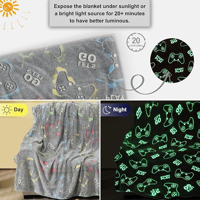 Jekeno Glow in The Dark Gaming Blanket Gamer Game Controller Throw Gift Toys for Kids Boys Teen Son Adults Gamepad Presents Easter Birthday Christmas Bedroom Decor Luminous Blanket Grey 50"x60"