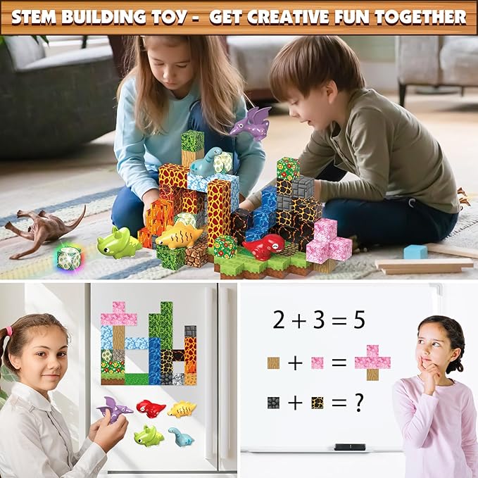 Magnetic Blocks Building Toys, 1" Light Up Dinosaur Building Blocks Magnet Cubes Tiles for Toddlers Boys Girls 3+, Build Jurrasic Scenes STEM Sensory Construction Toys