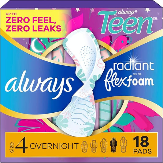 Always Radiant Teen with FlexFoam Pads, Size 4, Overnight Absorbency, with Wings, Unscented, Up to Zero leaks, Zero Feel Protection, 18 Count